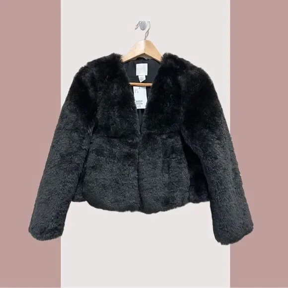 NEW H&M Black Faux Fur Cropped Jacket, Size S - Picture 6 of 6